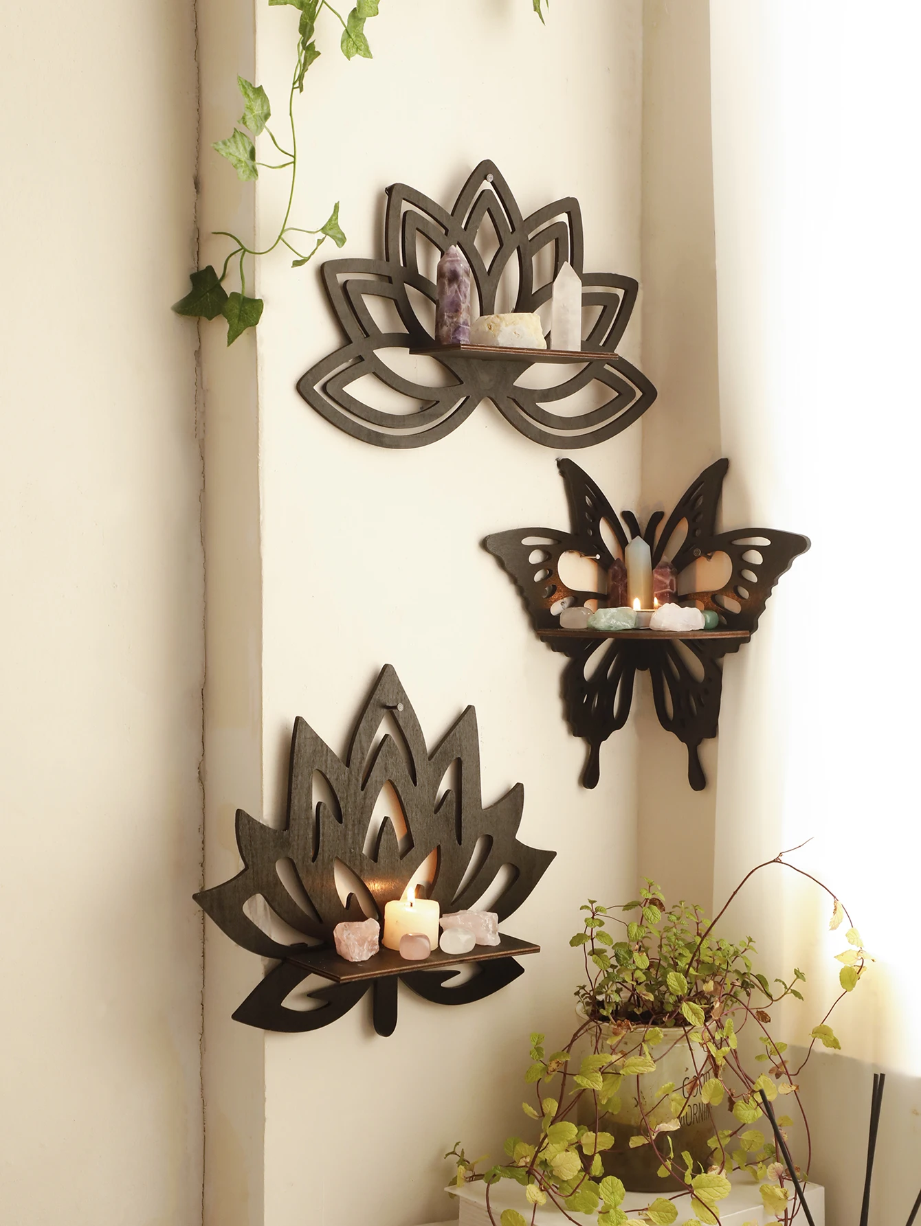 Lotus Crystal Corner Shelf Wooden Butterfly Wall