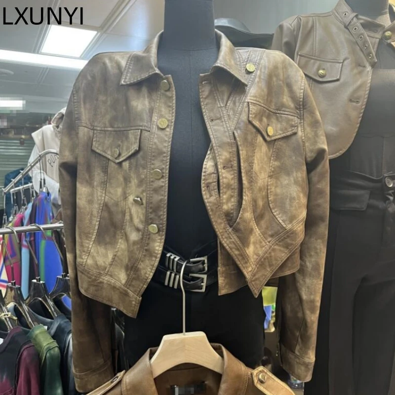 

LXUNYI Autumn 2023 Korean Loose Design Irregular Leather Jacket Women Hollow Out Short Casual PU Leather Short Coat Fashion