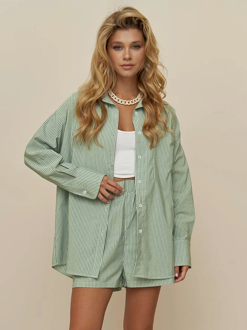 Marthaqiqi Casual Striped Female Pajamas Suit Turn-Down Collar Sleepwear Long Sleeve Nightgowns Shorts Home Clothes For Women'S