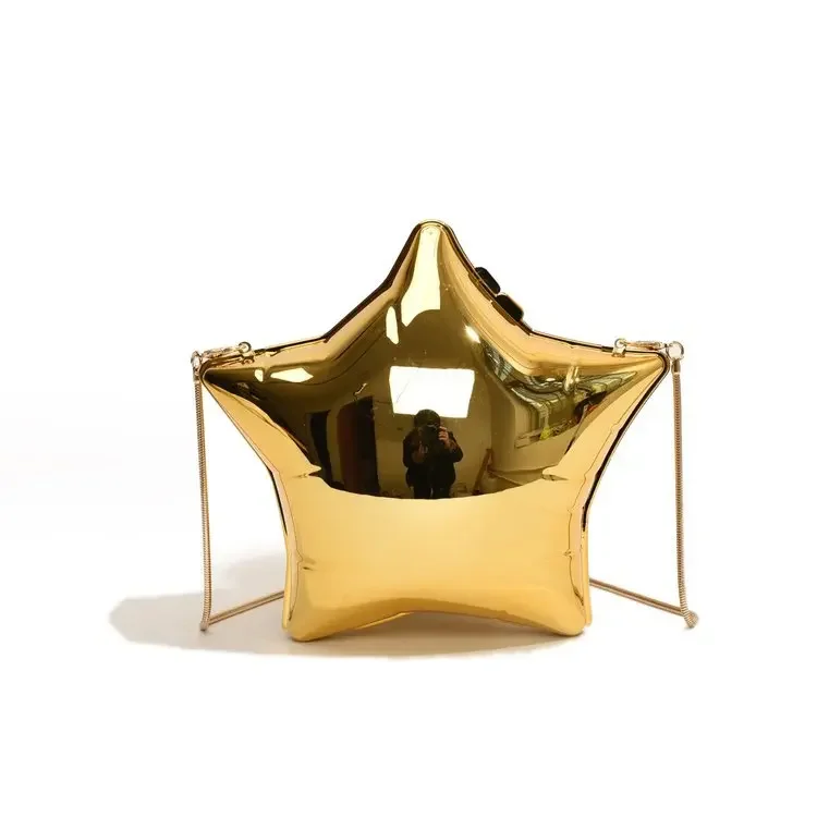 Cute Nice Design Gold and Silver Chain Women's Evening Bags 2024 New Bright Face Five Pointed Star Shoulder Bag Funny Party Bag