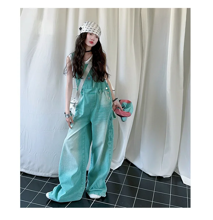 summer teen girls water washed punk wide leg jumpsuit junior kids loose slimming casual Cowboy overalls 4-14 child ropa trousers
