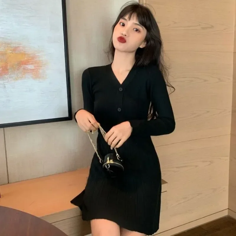 

Short Extreme Mini Female Dress Crochet Prom Black V Neck Knit Women's Dresses Clothing Party Aesthetic Korean Style Outfits Hot