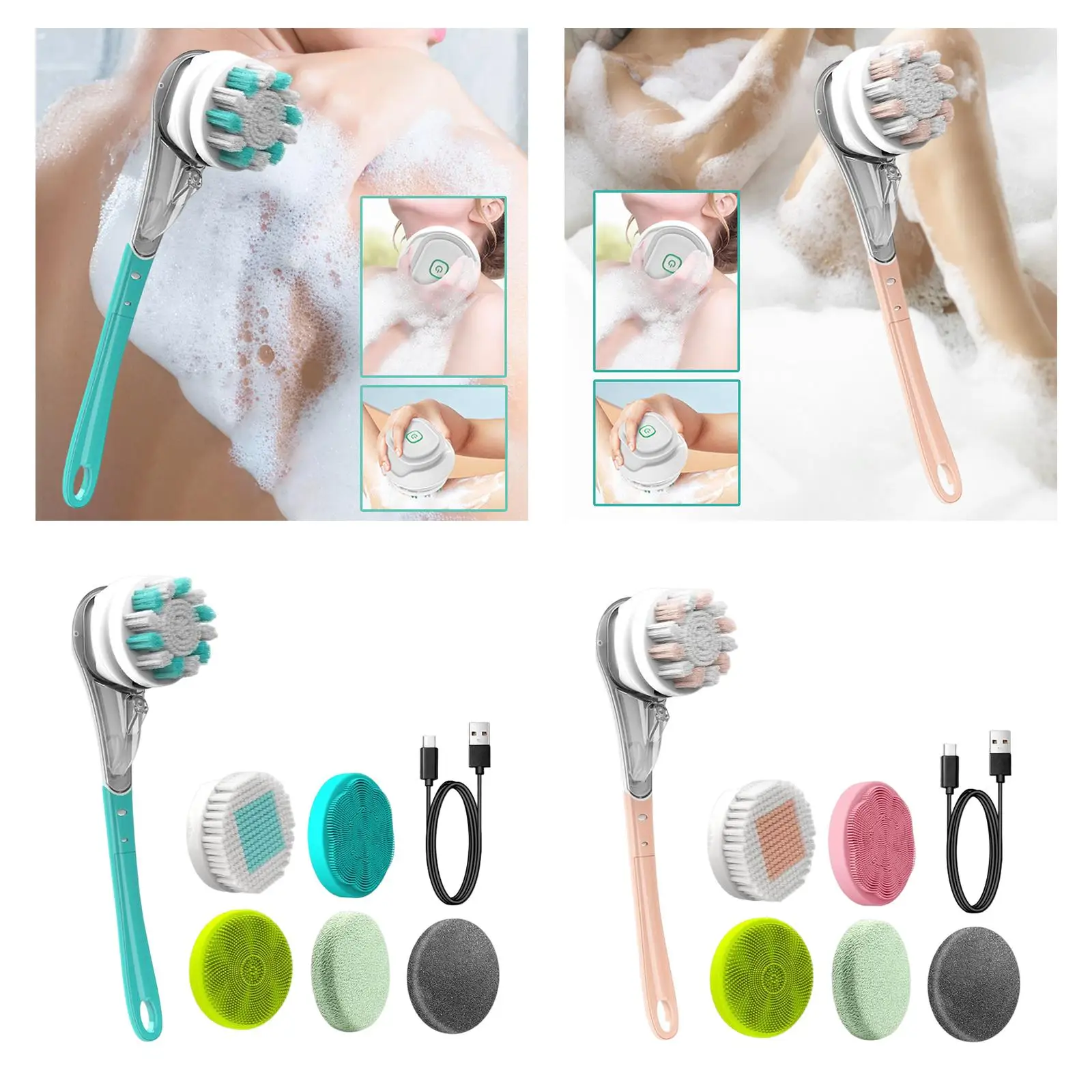 Electric Body Brush Scrubber Rechargeable with Long Handle Cordless Spinning Skin Brush for Deep Cleaning Exfoliating Showering
