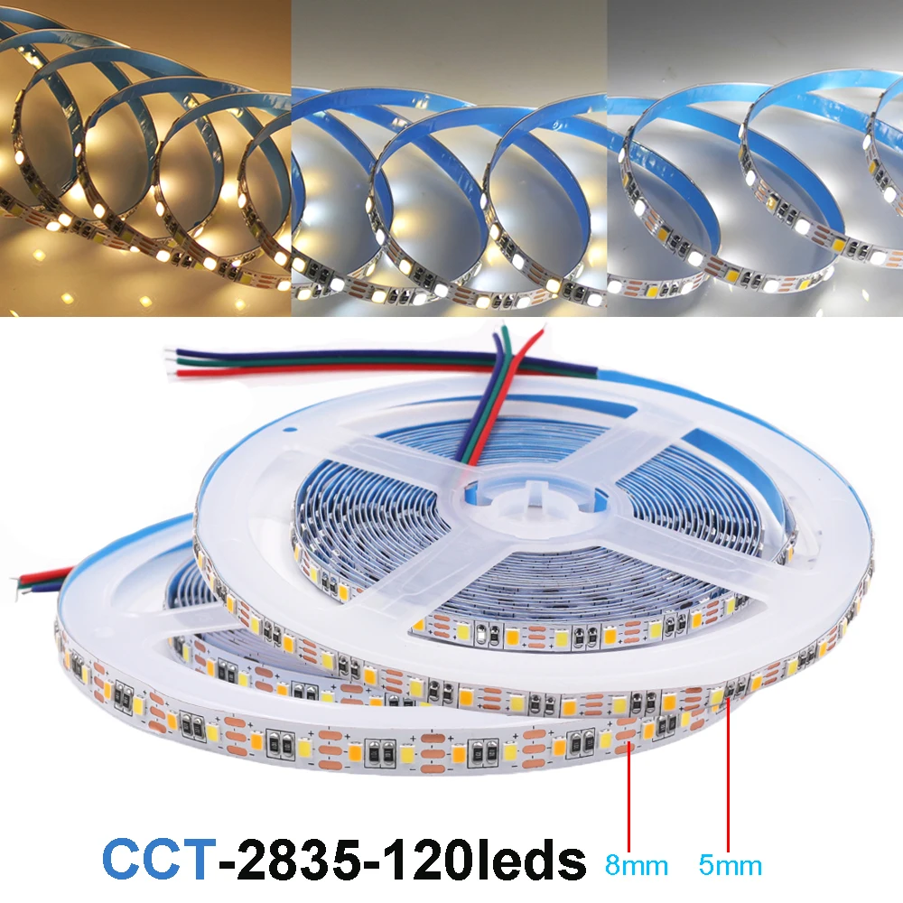 

5m Dual Color SMD 2835 CCT Dimmable LED Strip Light 5V 5mm 8mm PCB WW CW Color Temperature Adjustable Flexible LED Tape Ribbon