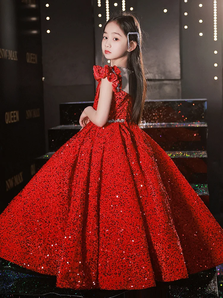 Red Gown For Kids Girl V Neck Kids Dresses For Party Wedding