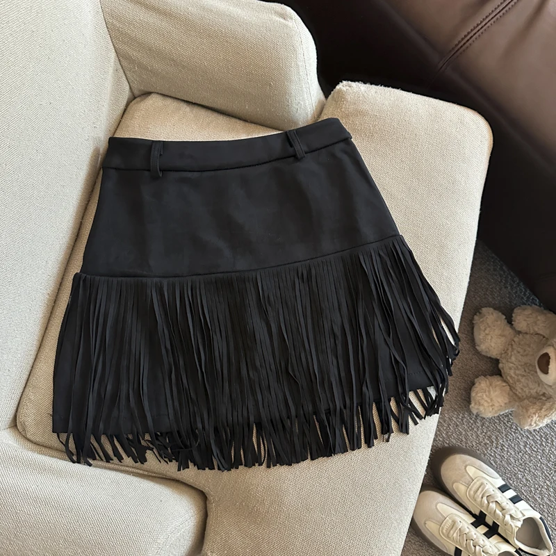 Vintage Suede Mini Skirt Women Sexy Y2K Tassel Patchwork Black Hip Wrap Skirts Fall Winter Gyaru Streetwear Korean Slim Faldas