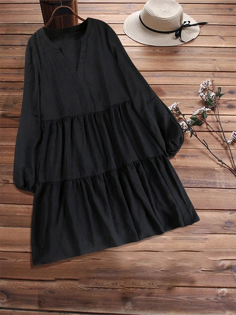 Plus Size Women's Mid-Length Layered Fleece Hoodie Dress A-line Hem Long Sleeve Modest Sweatshirt Dress Loose Fit with Pockets