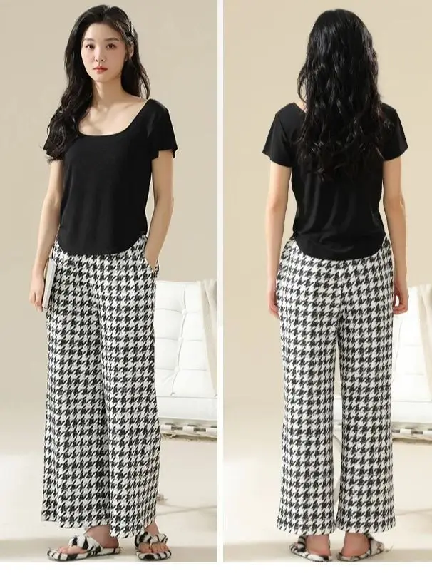 Women's Pajamas With Chest Bar Pads Spring and Summer Short Sleeves Long Pants Ice Silk Can Be Worn Outside Print Soft Slim