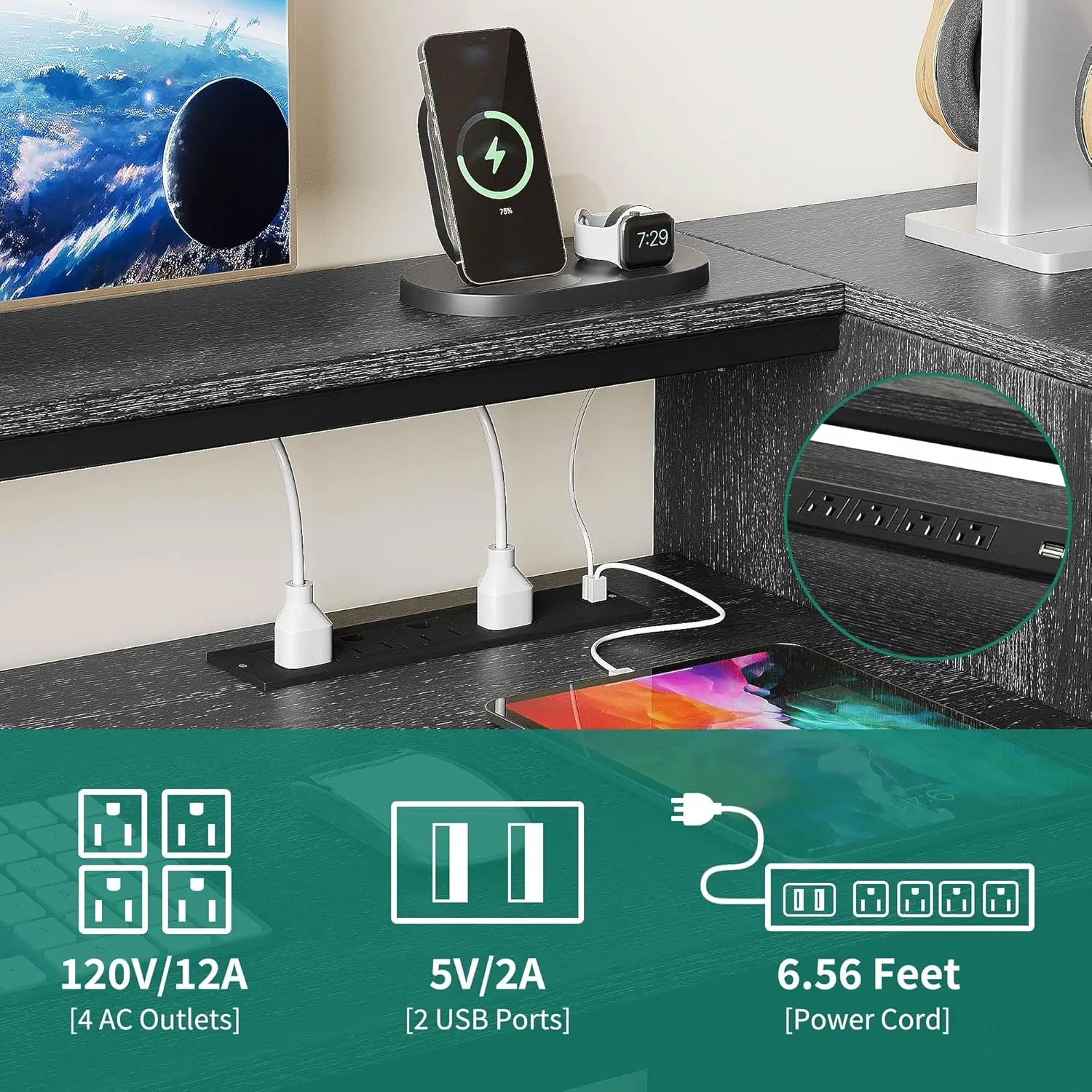 Farmhouse L Shaped Desk with Drawers 59" Corner Computer Desk with Power Outlets LED Lights Wood L-Shaped Desk with File Cabinet