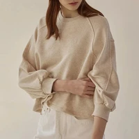 Women's Autumn Winter 100% Cotton Sweatshirt Loose Short Lantern Sleeve Spliced Pure Cotton French Casual Pullover Tops
