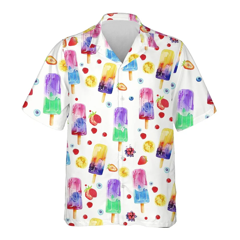 Camisa hawaiana con estampado de helados de frutas para hombre, blusas con estampado 3D, camisas hawaianas casuales de manga corta para vacaciones unisex