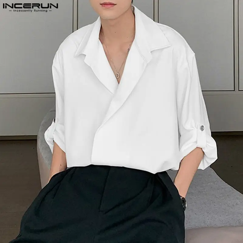 

Рубашка INCERUN мужская с отложным воротником, повседневная однотонная свободная уличная одежда с длинными рукавами, на пуговицах, Стильная сорочка в Корейском стиле для отдыха, 2023