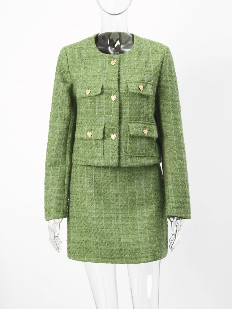 Daisy tweed no-collar single jacket H-line skirt Set (2色) Daisy tweed no-collar single jacket H-line skirt Set (2色)