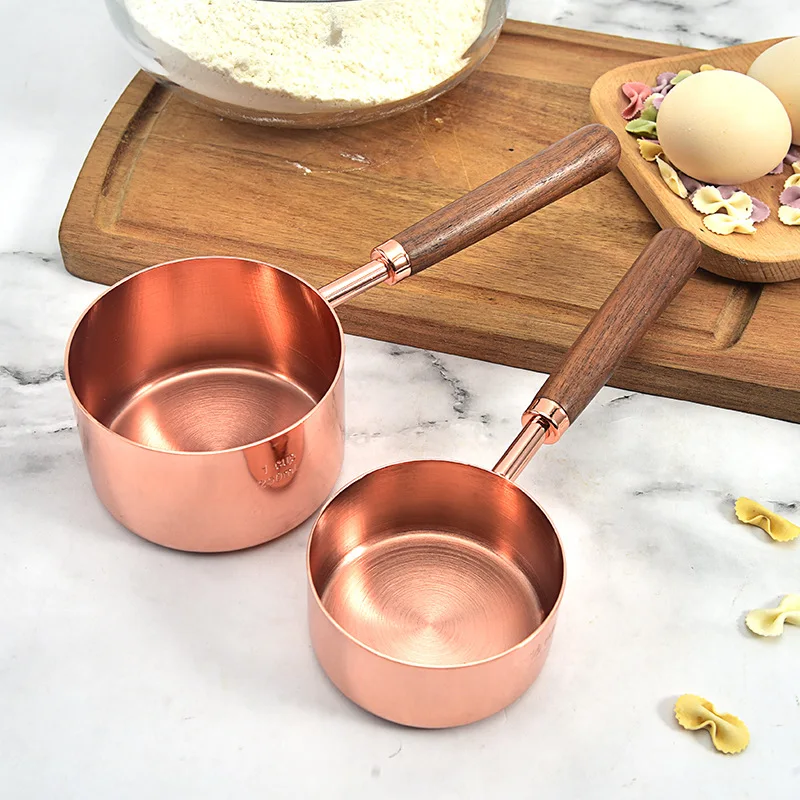 

Stainless Steel Measuring Cups Spoons Set Walnut Handle Plated Copper Metal Scoop Baking Kitchen Accessories Tools