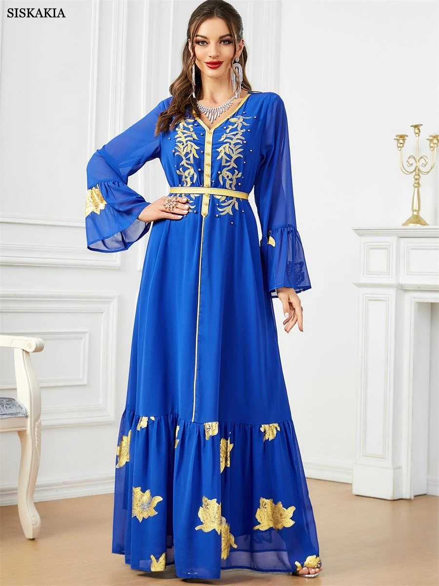 

Siskakia Solid Beading Floral Gold Stamping Embroidery Chiffon Dress Jalabiyat Moroccan Caftan For Women Islamic Belted Clothing