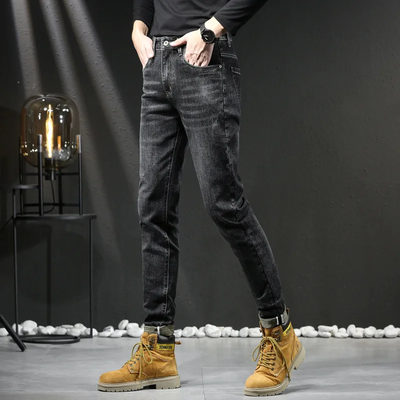 

Jeans High-end Youth Elastic Wear-resistant Luxury Colored Cotton Bottom Soft Wrinkle-resistant Slim Small Straight Jeans Men.