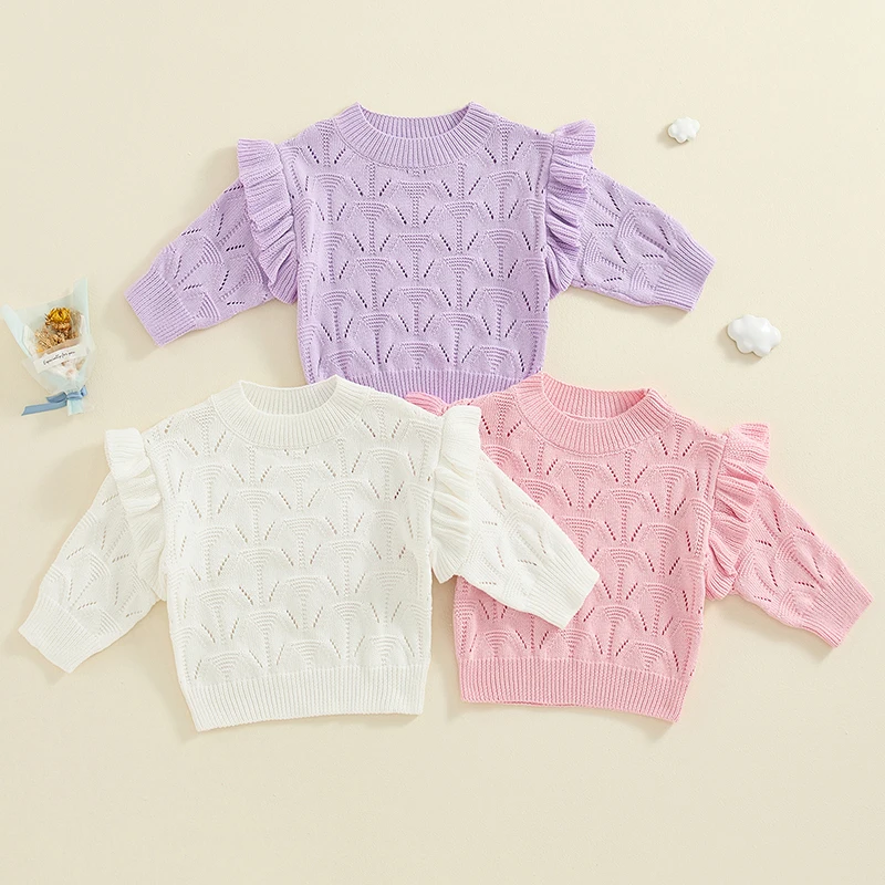 가을 겨울  여아 스웨터, 솔리드 러플, 긴 소매 O-넥 니트 할로우 따뜻한 점퍼, 스웨터 탑 의류