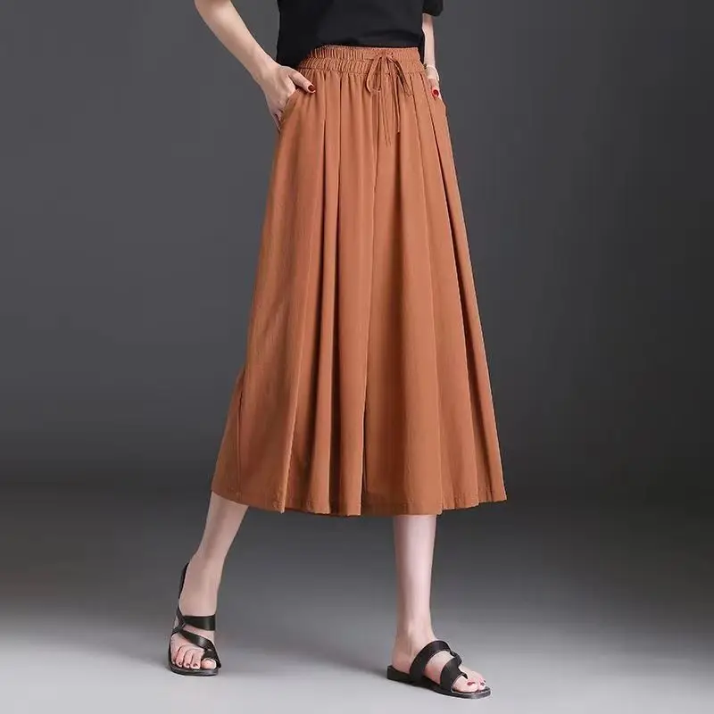 

Ice Silk Wide Leg Pants with High Waist and Dropping Skirt Pants Summer Thin Drawstring Pockets Cropped Casual Solid Trousers