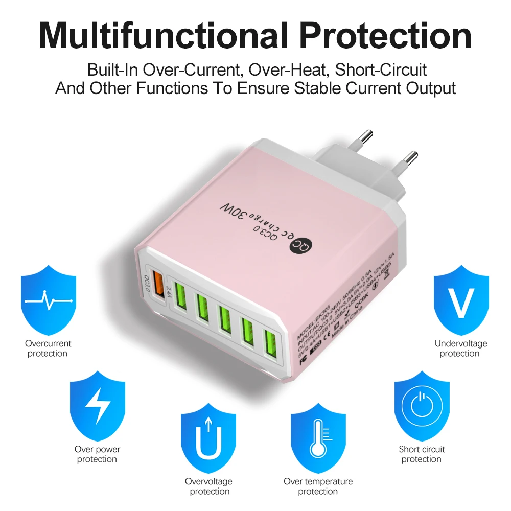 30W 6 in 1 USB Charger QC3.0 Fast Charging Quick Charger For Samsung Xiaomi Mobile Phone Charge Adapter EU/US/UK/KR Plug