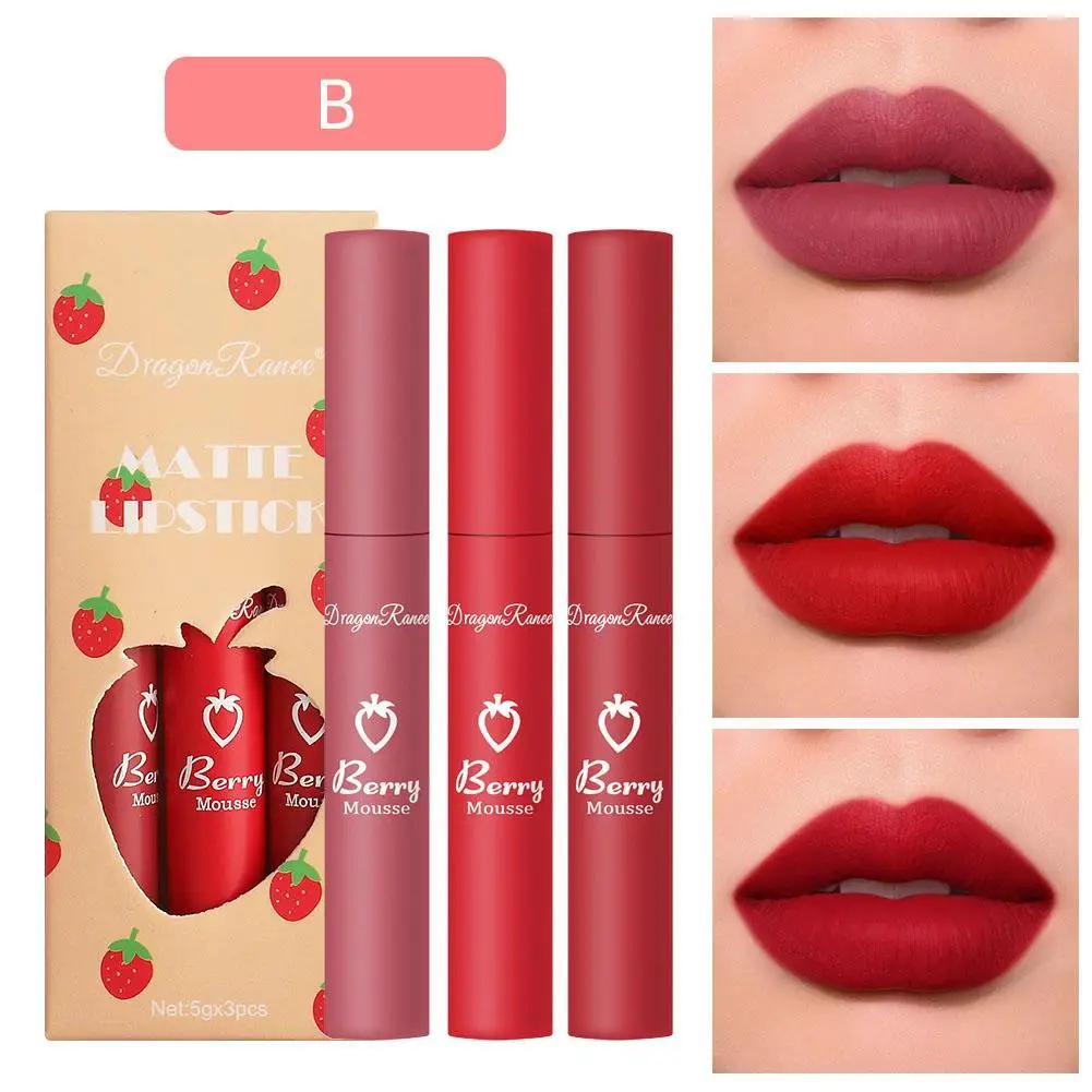 

Sexy Strawberry Set Box Silk Mist Optional Matte Velvet Lip Glaze Lipstick Lip Gloss Female Sticky Cup Love 3PCS/Set Beauty