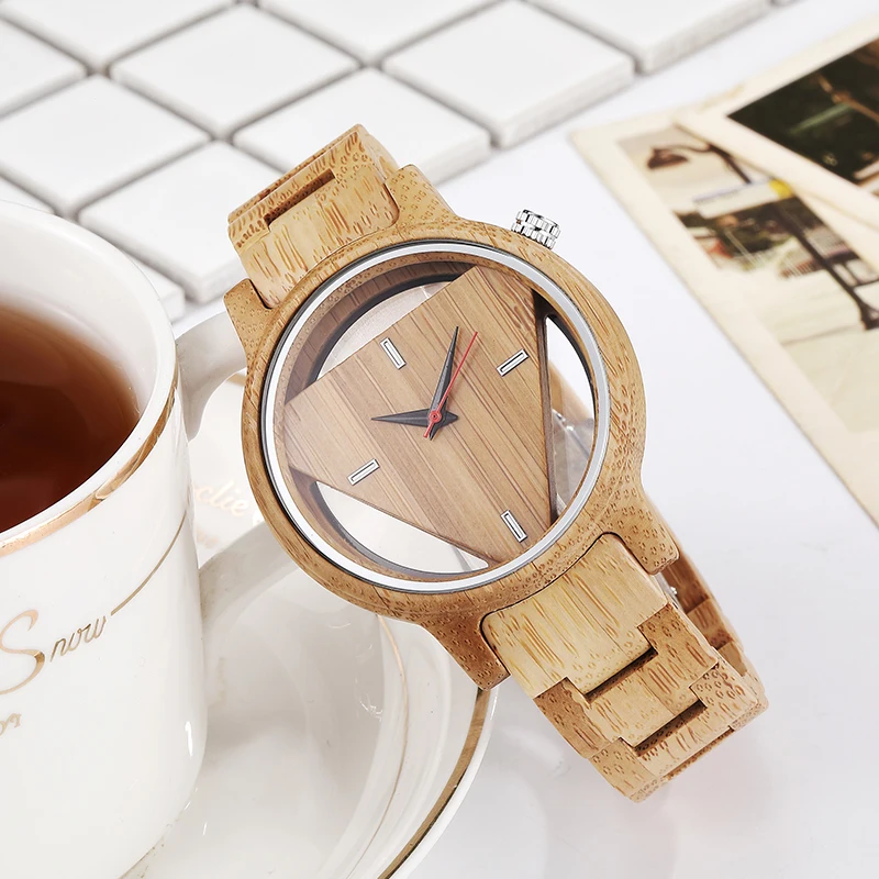 Unique Wooden Quartz Movement Women Watches Creative Built-In Triangle Dial Design Watch for Women Clock Gifts for Ladies 2021