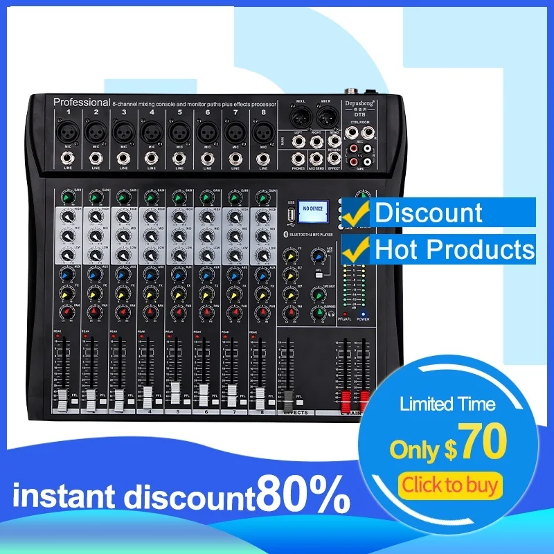 

New Professional Audio Sound Mixer Depusheng DT8 8/12 Channel Bluetooth USB 48V Phantom Mixing Console for PC DJ Amplifier