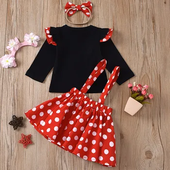 1-5 Years Children Outfit Baby Clothing Set Girl Summer Birthday Costume Kids Dots Tops Skirt Minnie Cosplay Dress with Headband 2