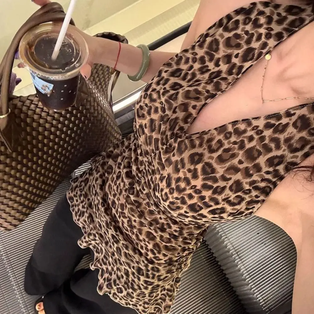 Irregular Leopard Crop Top Bottoming Shirt Ins Halter Cheesy Tops Female Clothing Slim Fit Leopard T-Shirt Women Streetwear