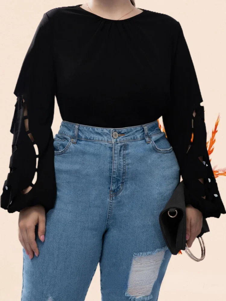 Black Tops for Women O Neck Long Lantern Sleeves Hollow Out Plus Size T-Shirts Chic Elegant Causal Office Work Pullover Blouses