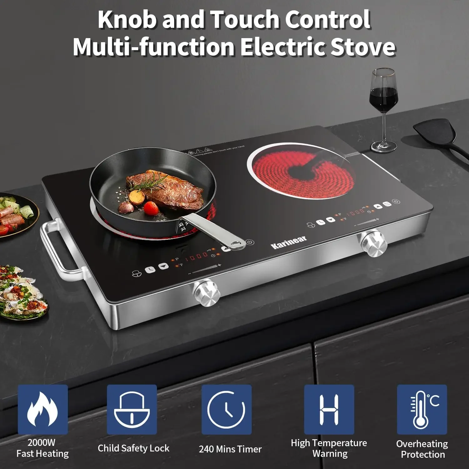 Electric Cooktop 110V, Portable Electric Stove with Handle, Knob Control Electric Hot Plate, Ceramic Infrared Countertop Burner, 3