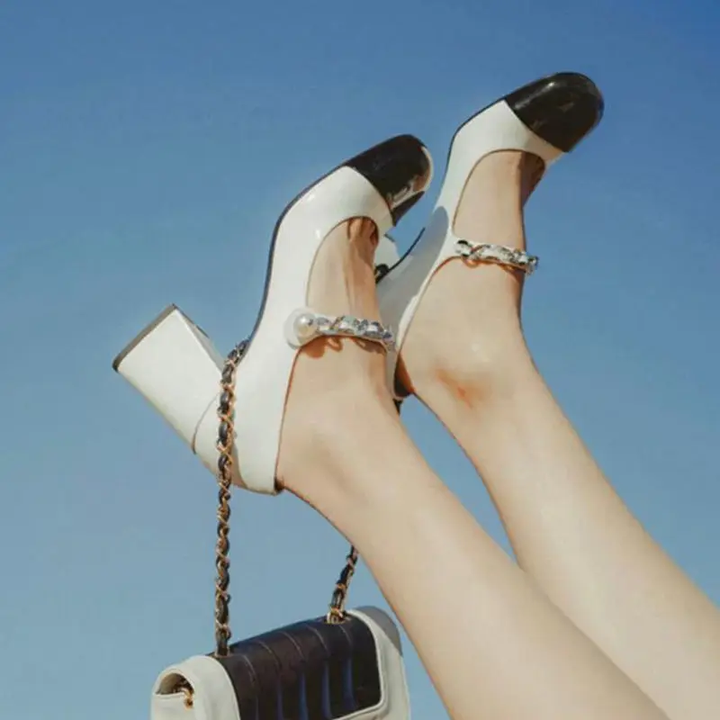 Spring 2022 New Fashion Retro Mary Jane Shoes Women High Heel Ladies Shoes Pumps One-word String Bead Slip-on Heels for Women