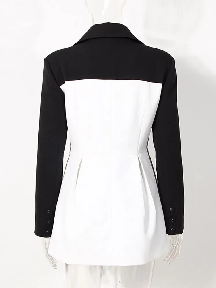 KBQ Hit Color Spliced Button Blazer For Women Notched Collar Long Sleeve Tunic Folds Casual Blazers Female Autumn Fashion New