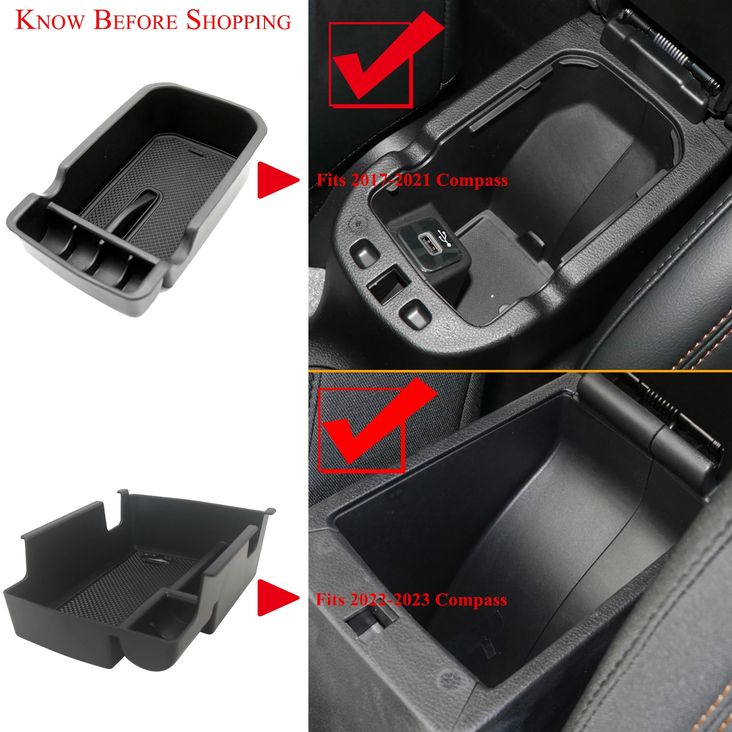 Center Console Organizer Tray For Jeep Compass 2022-2025 – Red ABS Storage Insert With Divider & Rubber Mat