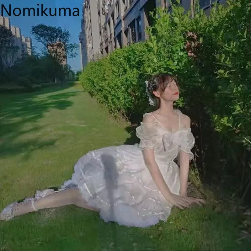 Lolita Style Cute White Woman Dress 2025 Vestidos De Mujer Slash Neck Puff Sleeve Tunic Sweet Summer Dresses Bow Lace Robe Femme 2