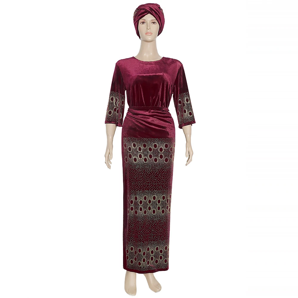 2022 African Dress For Woman Velvet Dress Three Pcs One Set With Stone Big Size formal dresses south africa