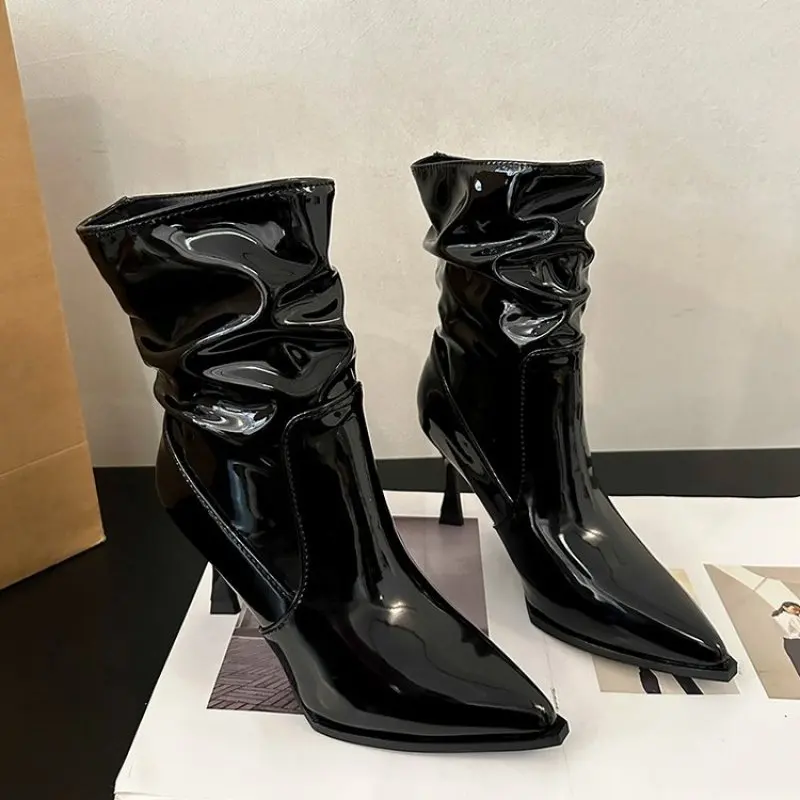 2024 Women Gloss Patent Leather Boots Winter Fashion Trendy Pleated Boots Woman Pointy Toe Spike Heels Shoes 35-39