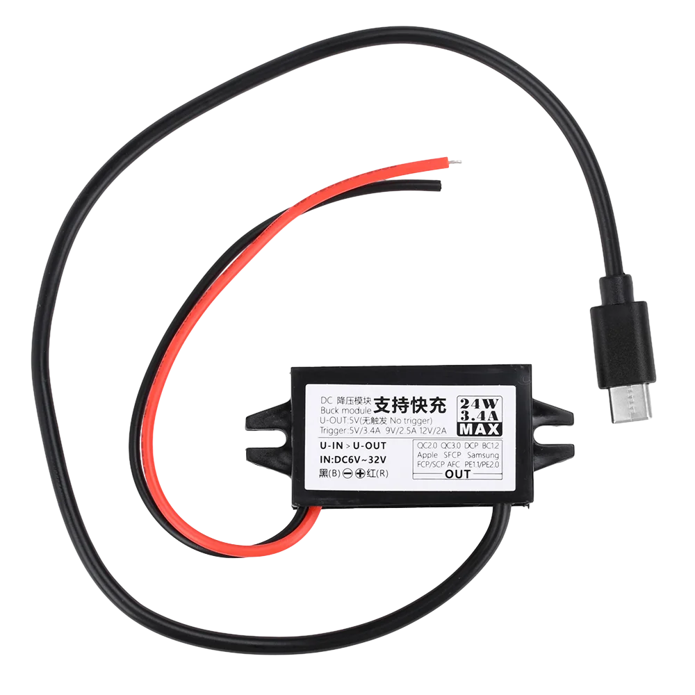 컨버터 DC-DC 스텝 다운 모듈 전원 어댑터, C타입 와이어 커넥터 인터페이스, 24W, 12V-5V