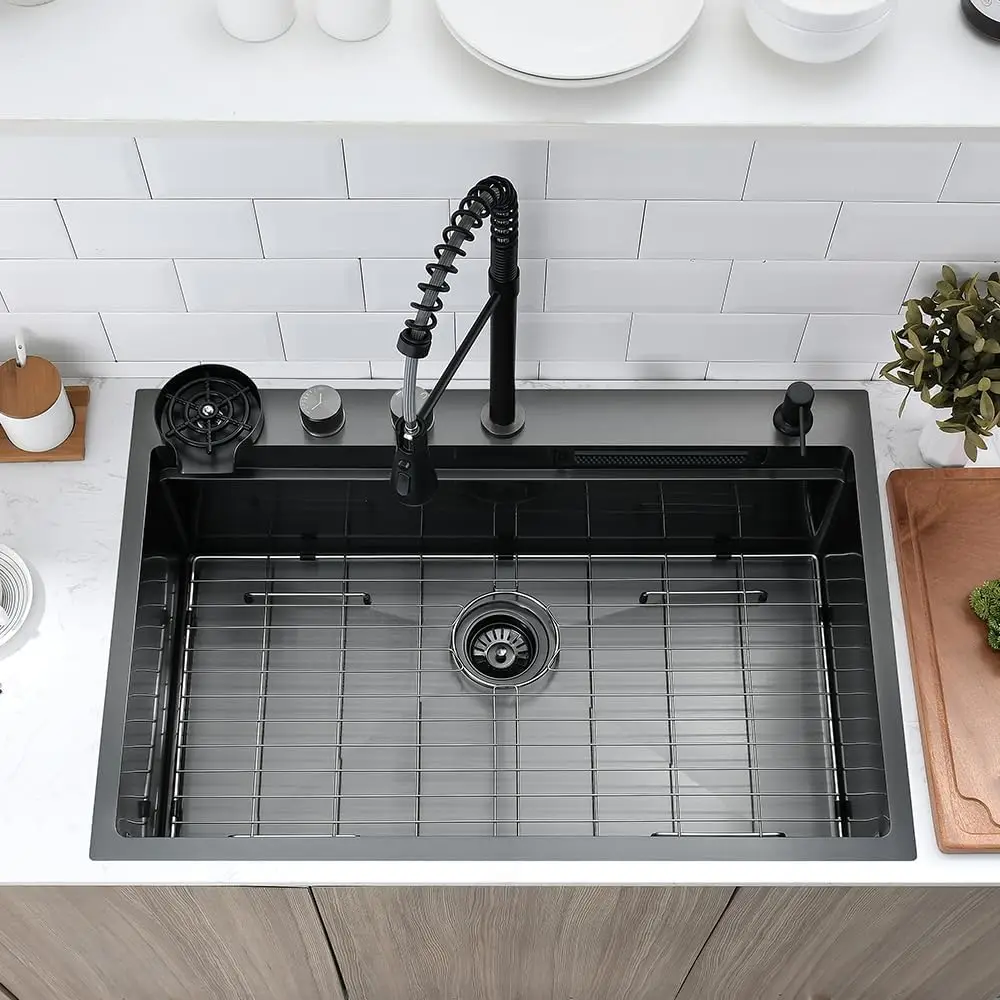 33 Drop In Kitchen Sink with Faucet Combo, 33x22 Inch Drop In Waterfall Kitchen Sink Workstation 16 Gauge S