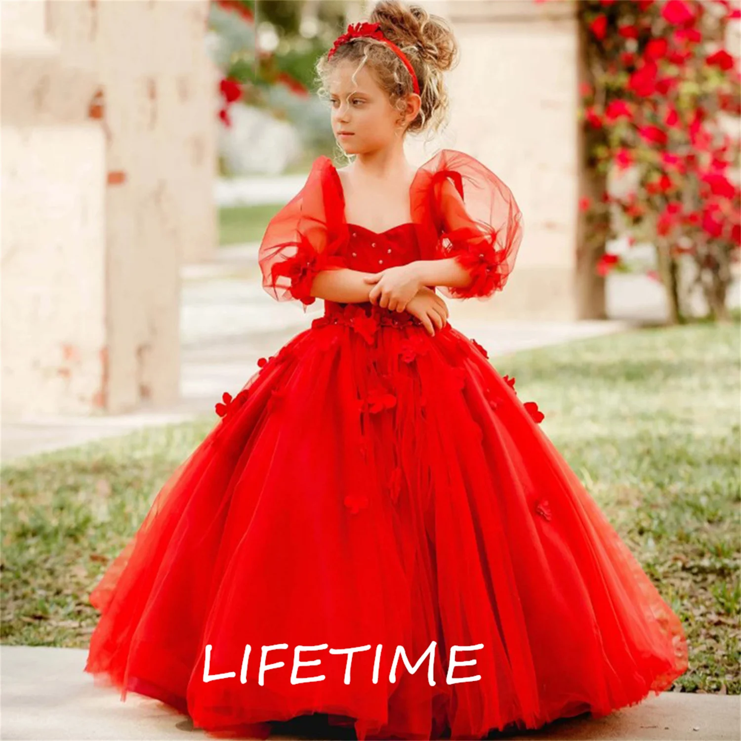 

Puffy Lace Baby Girl Party Dress Kids Layers Flower Girl Dresses Hi-Low Princess Dress Cute First Communion Gowns