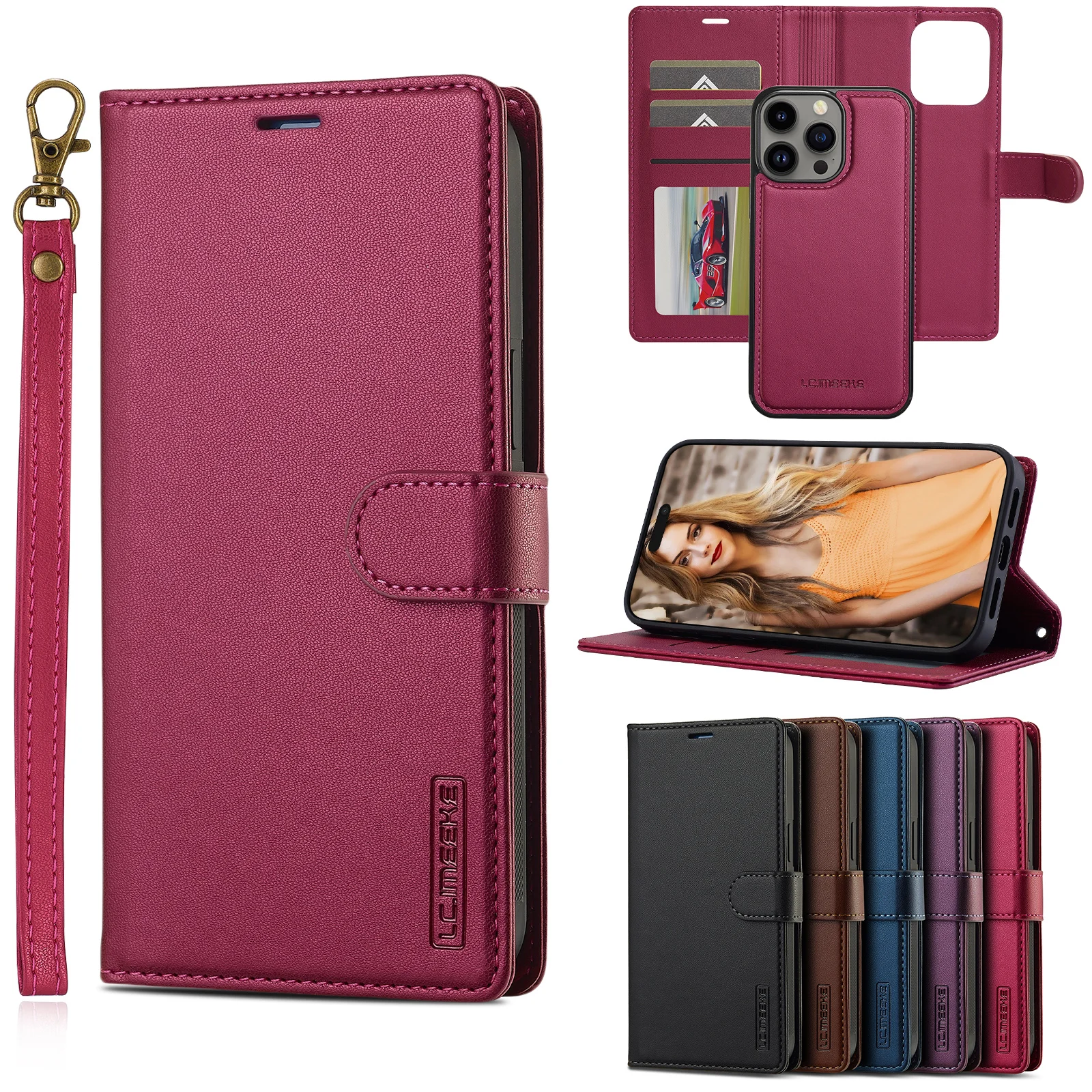 2 in 1 Abnehmbare Karten Solt Flip Leder Brieftasche Fall Für iPhone 15 Pro Max 14 Plus 16 13 12 11 SE 2022 XR XS Magnetische Tasche Abdeckung_voghion.com