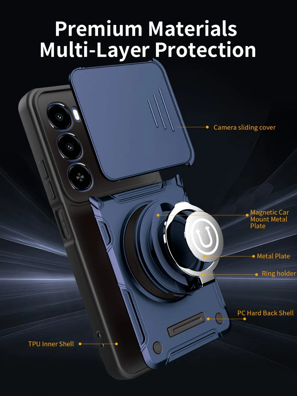 Magnetic 360° Ring Kickstand Phone Case with Slide Camera Lens Cover - Shockproof Design