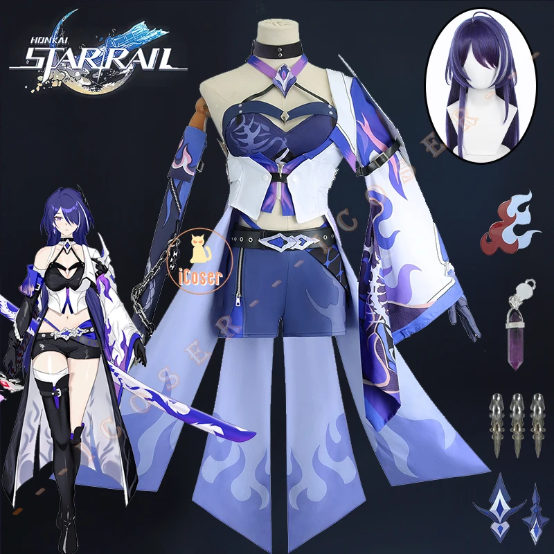 Honkai 스타 레일 아쉐론 코스프레 코스튬 가발 원피스 유니폼 귀걸이 스티커..