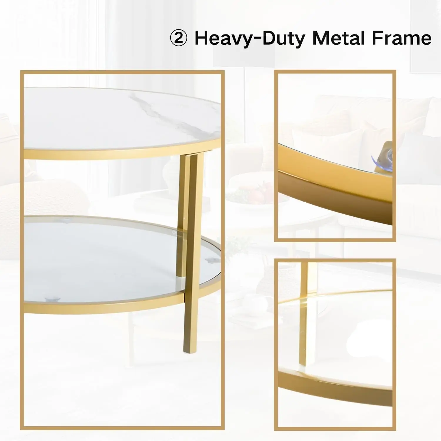 Coffee Table, Small Round Coffee Table with Faux Marble Top and Glass Storage Shelf, 2-Tier Circle Center Table for Living Room 5