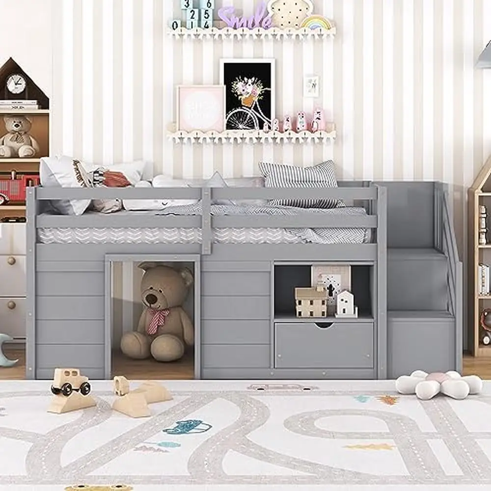 Twin Size Wood Loft Bed with Storage Drawers and Stairs Modern Farmhouse Style Multifunctional Kid's Bed Durable and Safe Grey 3