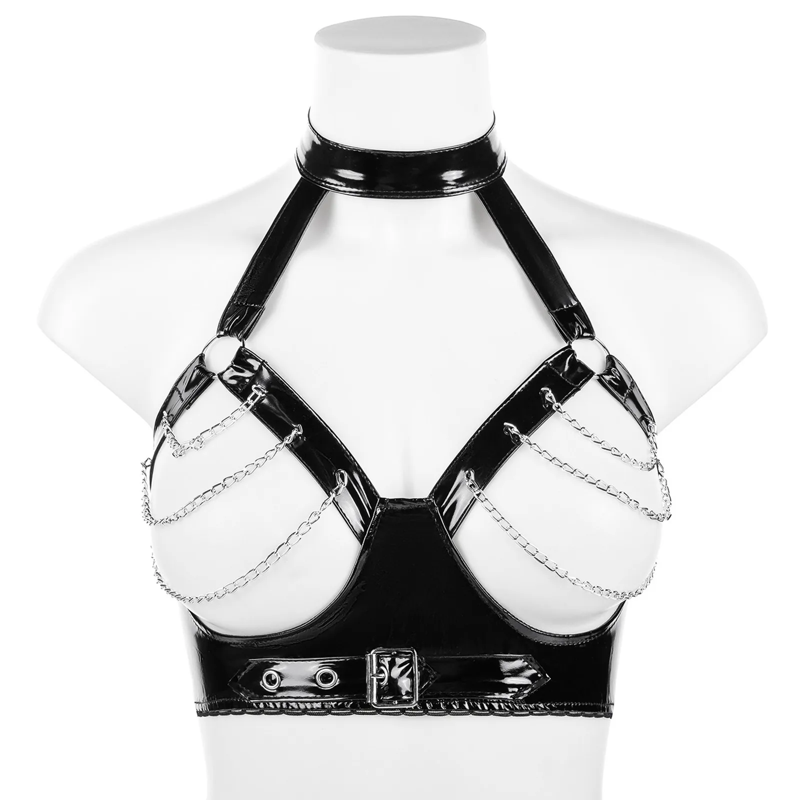 S-3XL Halter Wet Look Crop Tops Hollow Out Metal Chain Bustier Top Tights Cosply Sexy Croptop Camis Cropped Vest Clubwear Shirt