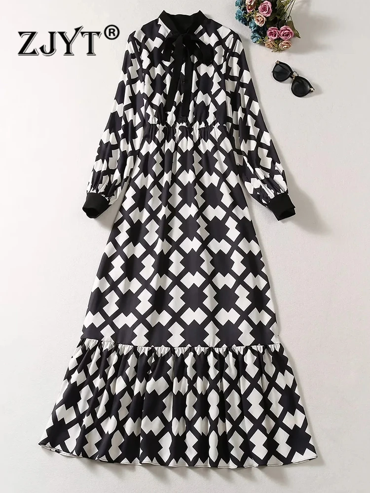 

ZJYT New Autumn Geometric Print Long Sleeve Maxi Dresses Women Vintage Holiday Vestidos Para Mujer Casual Largos Roupas Feminina