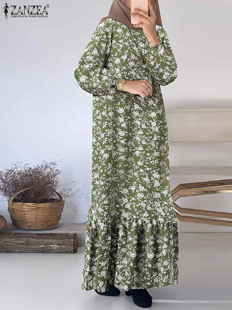 - Vintage Floral Printed Muslim Dress Women Long Sleeve Ruffles Maxi Sundress ZANZEA Robe Femme Dubai Turkey Abaya Hijab Dress