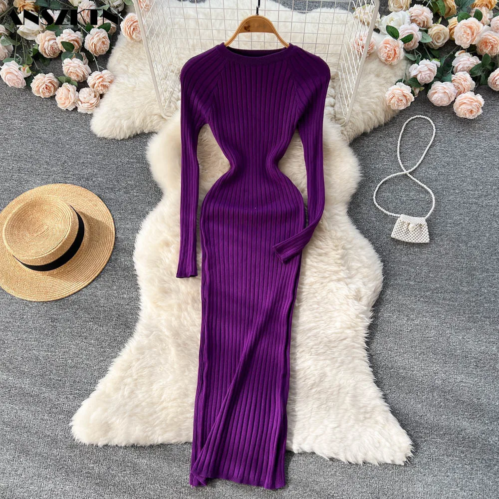 

ANSZKTN Stripe Print Women Fashion Casual Winter Fall Knit Long Sleeve Midi Dress Bodycon Sexy Evening Dresses