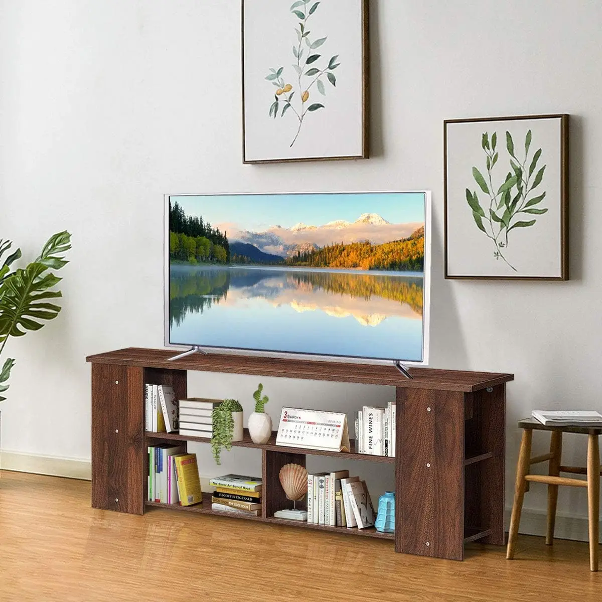 3-Tier TV Stand for up to 43" TVs, Modern Media Console Table with Solid Wood Frame & Open Storage Shelves – Walnut
