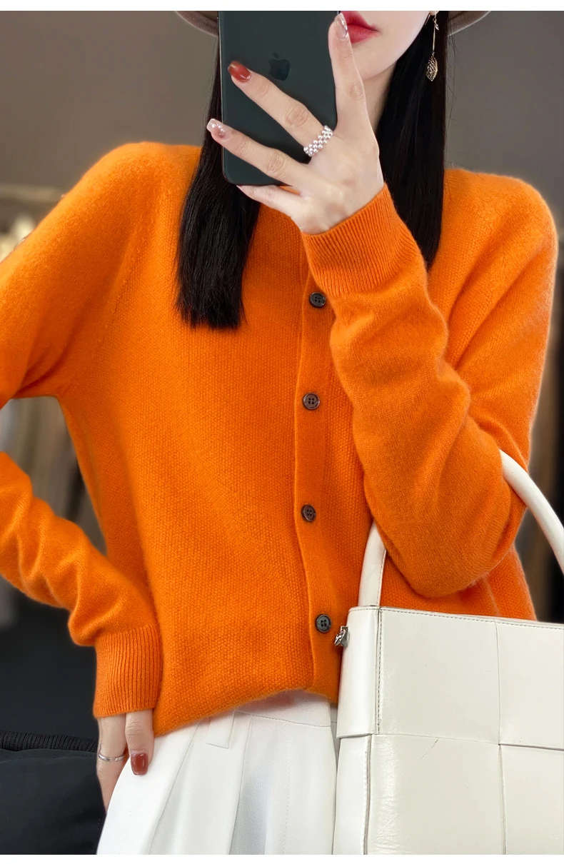 Women 100% Merino Wool Sweater Autumn Winter O-Neck First Line Seamless Cardigan Long Sleeve Clothing Cashmere Knitwear Tops